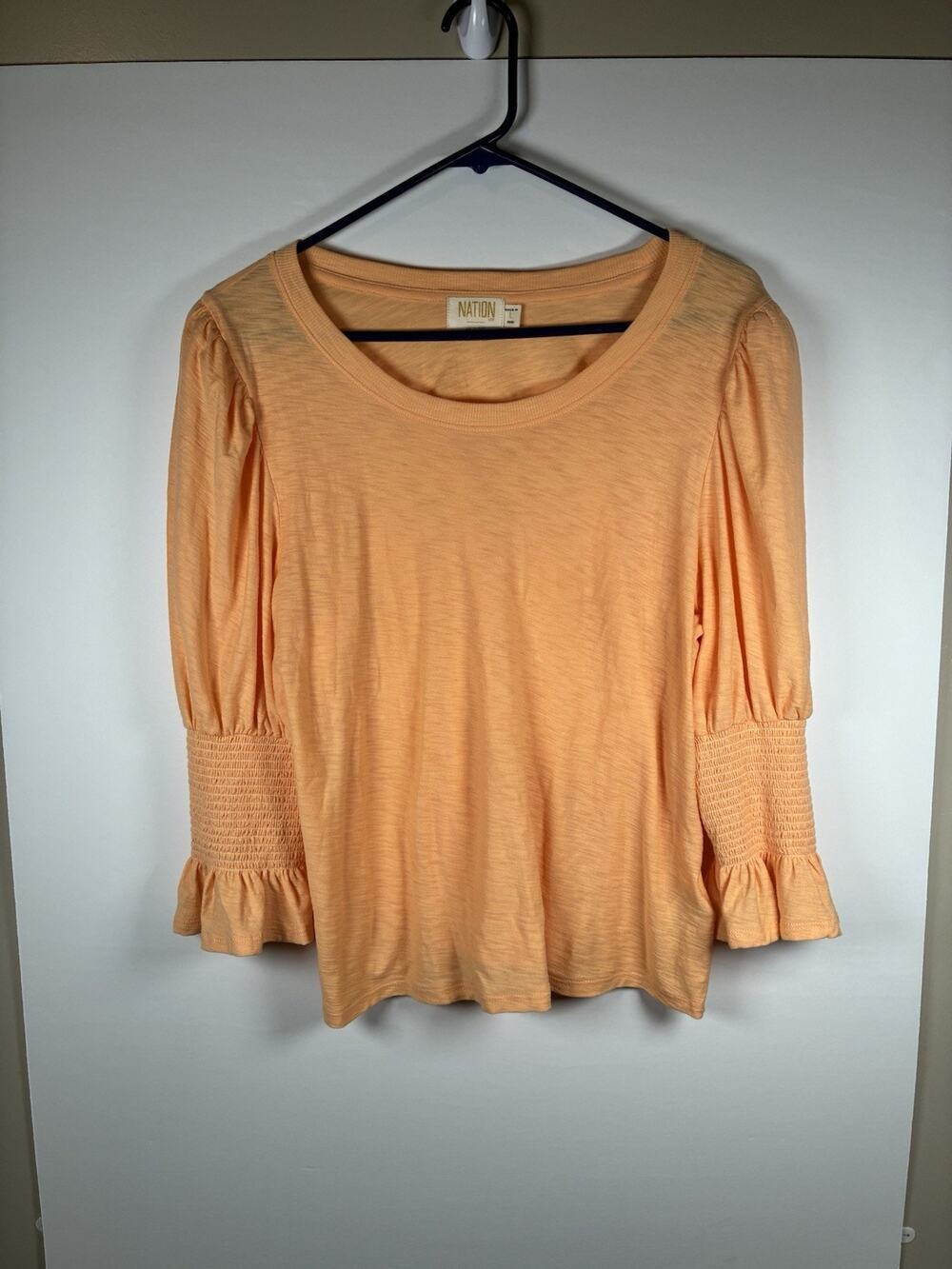 Nation LTD L Peach Pima Cotton Smocked Puff Sleeve Peasant Top Boho Loren Slub